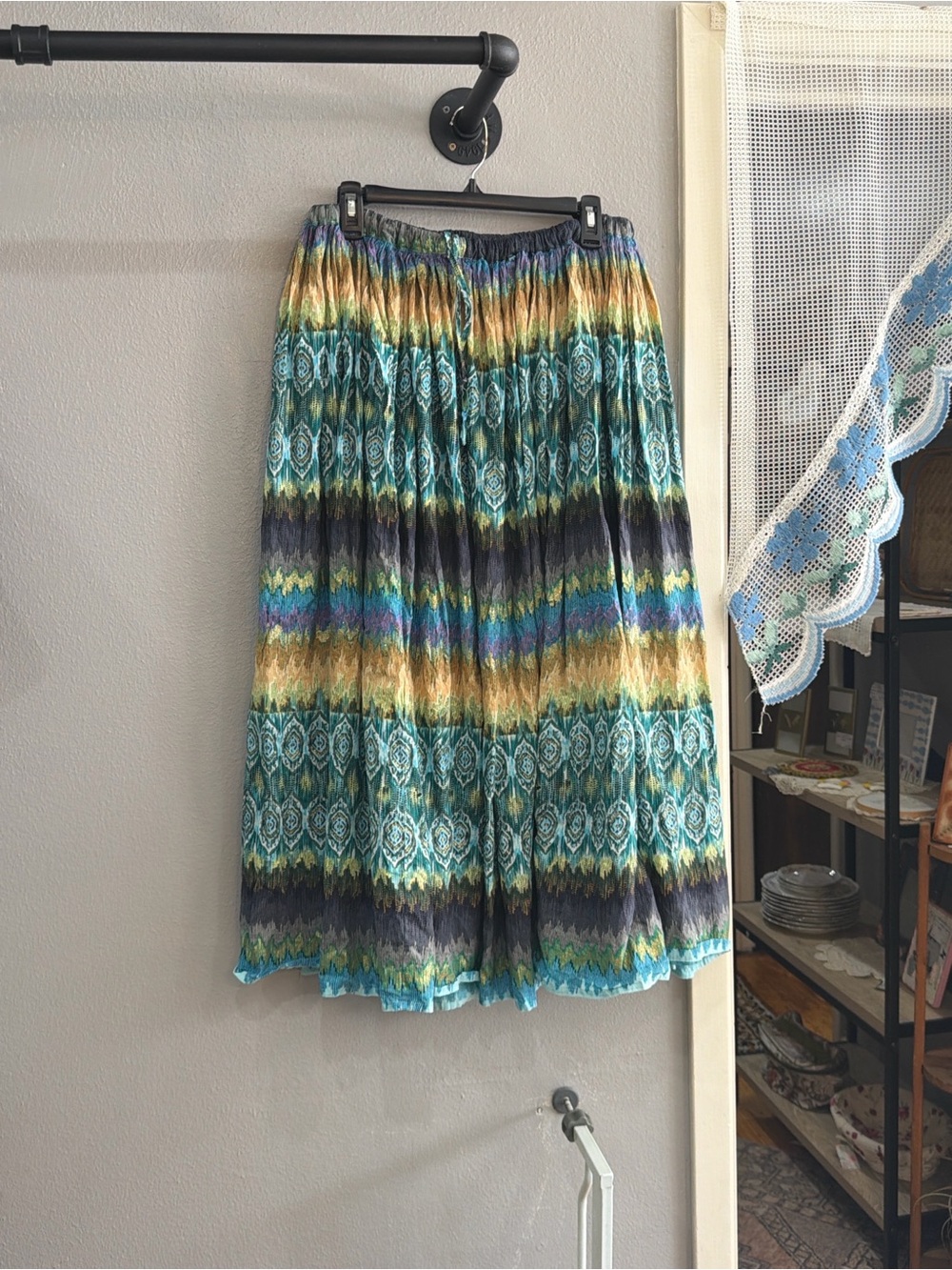 Patterned Teal and Gold Pleated Midi Skirt